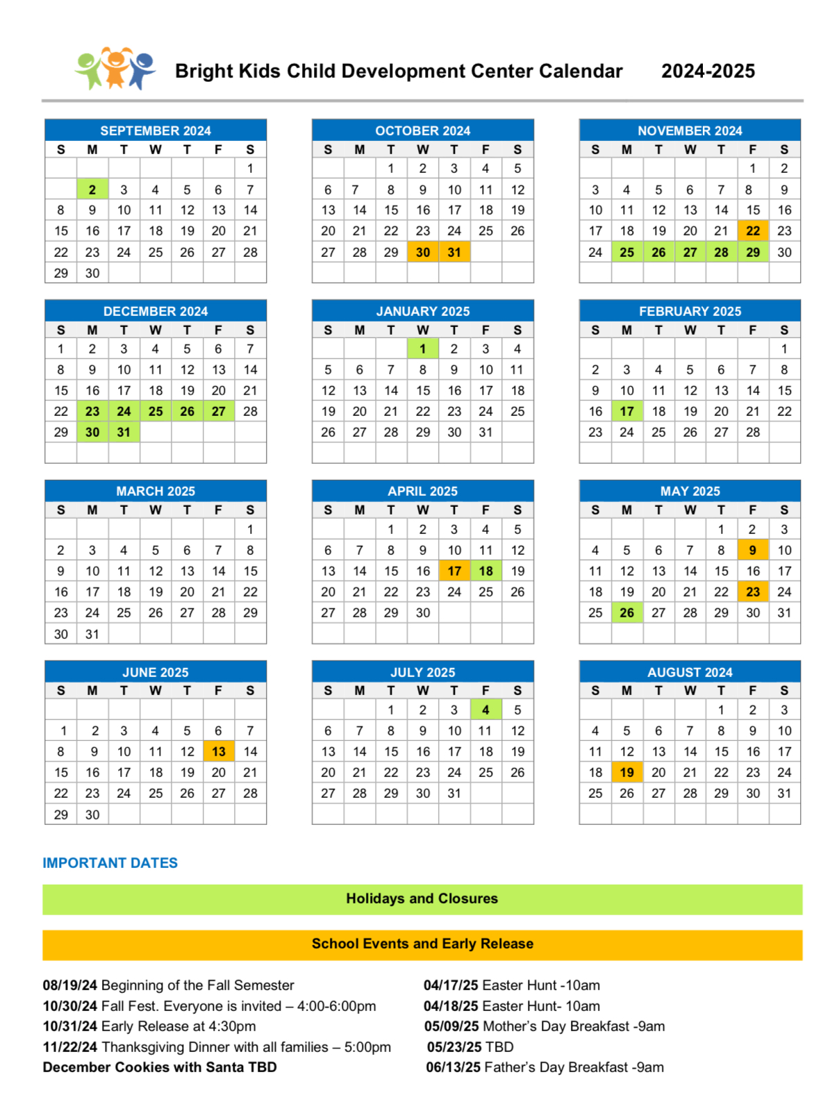 Bright Kinds Child Development Center Calendar